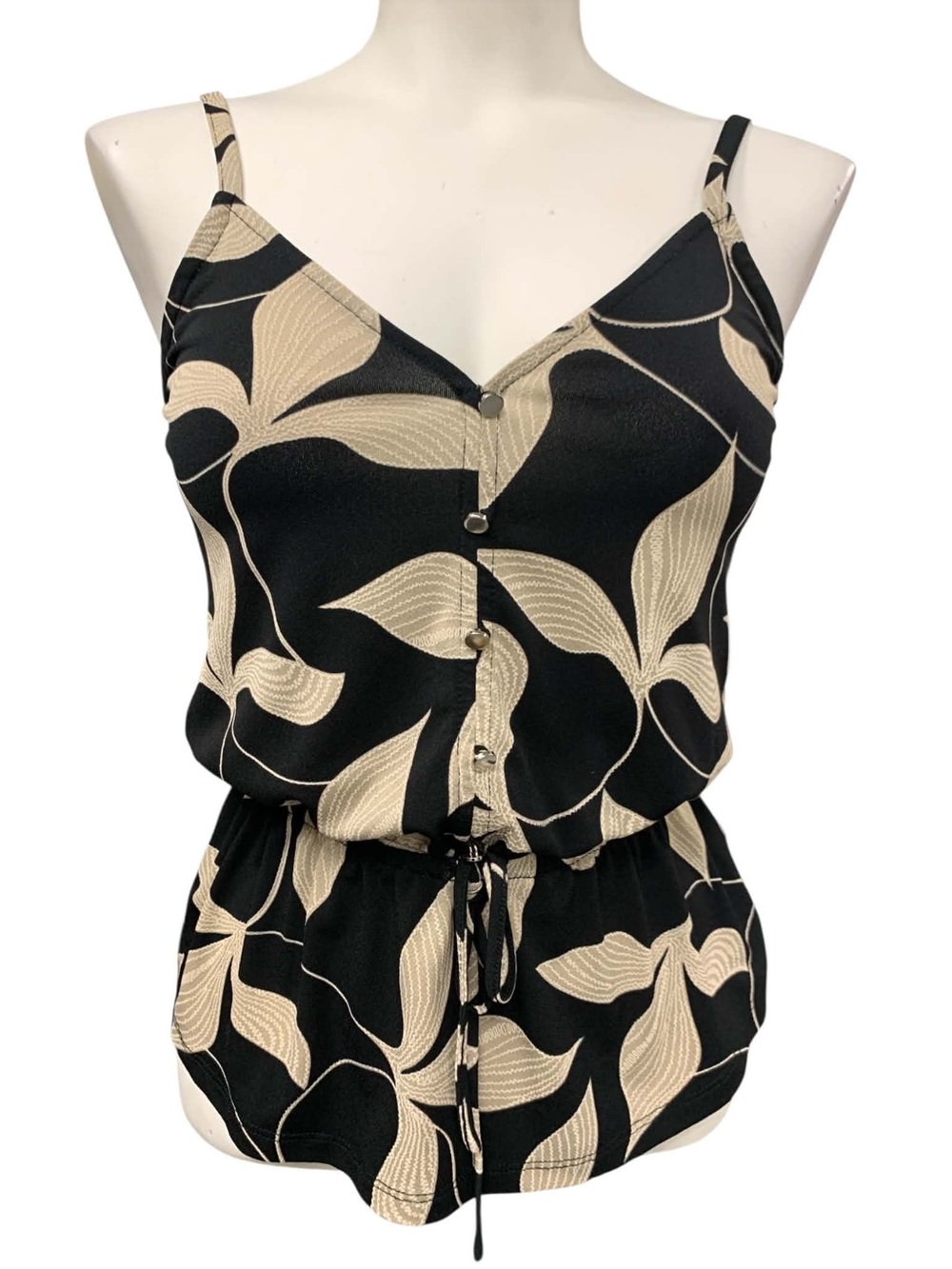 Ricki's Black & Cream Leaf-Print Spaghetti-Strap Romper Size XS